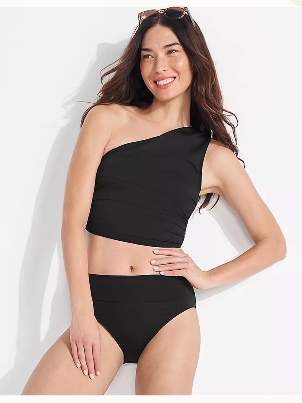 Lands End Women's Ruched One Shoulder Midkini Top Black NWOT Size 12DDD